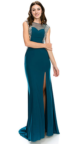 Boat Neck Bejeweled Sides Long Plus Size Prom Dress. c2106.