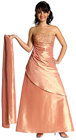 #c26658. Crossed Back and Beaded Top Full Formal Prom Gown.