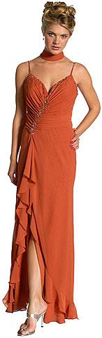 #c27143. Shirred and Beaded Ruffled Long Prom Dress.