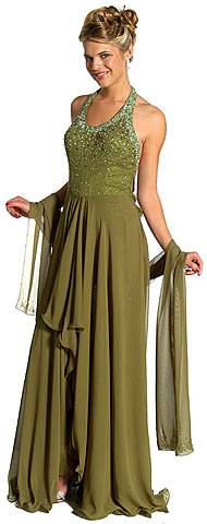 #c27268. Beaded Halter Formal Prom Dress with Shirrs and Ruffles.