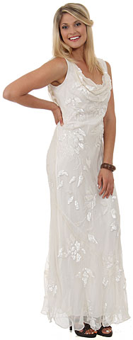 Cowl Neck Sequined Long Formal Dress with Floral Beading. d1016.