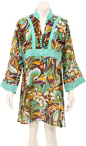 Long Sleeve Floral Print Aqua Summer Dress. fm14-aq.