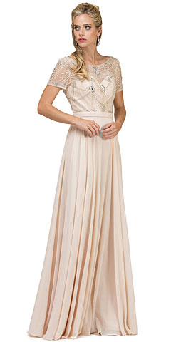 Boat Neck Half Sleeves Beaded Mesh Top Long Formal MOB Dress. p2067.