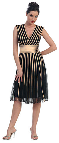 Mesh Tea Length Party Dress with Striped Detail. p8159.
