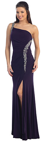 One Shoulder Prom Dress with Beaded Straps & High Slit. p8309.