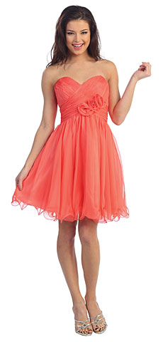 Strapless Pleated Short Cocktail Dress with Floral Applique. p8336.