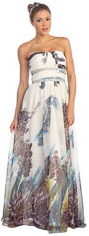 Strapless Printed Long Prom Dress with Beaded Waist. p8571.