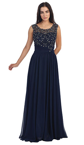 Round Neck Lace Beaded Bodice Long Formal Prom Dress