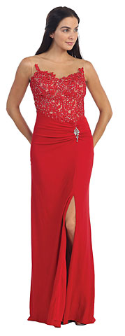Floral Lace Beaded Bust Front Slit Long Formal Prom Dress