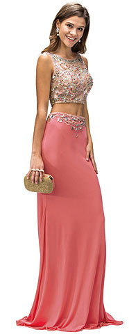 Bejeweled Top Long Jersey Skirt Two Piece Prom Dress. p9021.