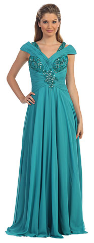 V-Neck Beaded Ruched Bodice Long Formal MOB Dress