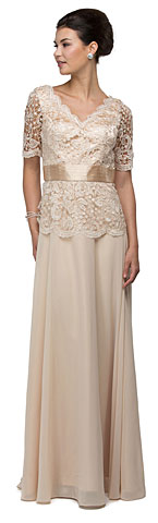 V-Neck Half Sleeves Lace Bodice Long Formal MOB Dress
