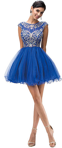 Bejeweled Mesh Bodice Cap Sleeves Short Baby Doll Dress