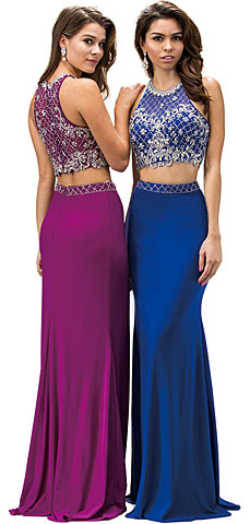 Bejeweled Top Floor Length Skirt Two Piece Prom Dress. p9310.