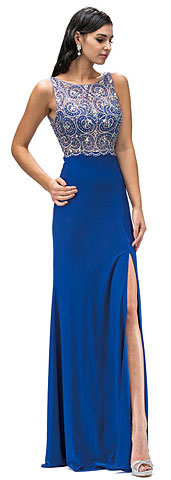 Boat Neck Jewel Mesh Top Long Formal Prom Dress