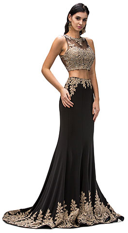 Floral Lace Accents Two Piece Long Formal Prom Dress. p9391.