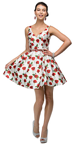 V-Neck Rose Print Jewel Waist Short Homecoming Dress