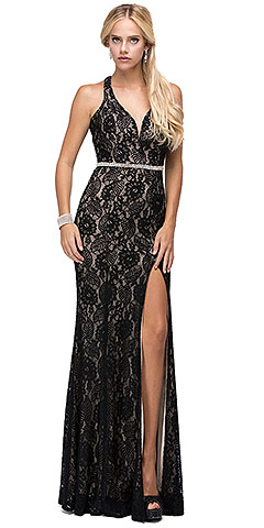 Deep V-Neck Rhinestones Waist Lace Long Prom Dress
