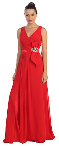 V-Neck Pleated Bow Accent Long Prom Dress. s20263.