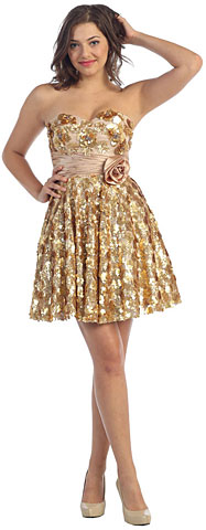Strapless Short Sequined Party Dress with Floral Applique. s5117.