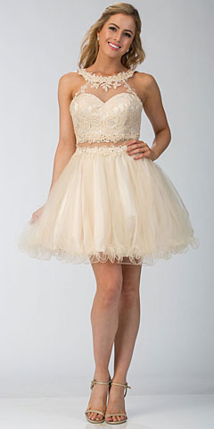 Lace High Neck Top Sheer Waist Babydoll Homecoming Dress. s6417.