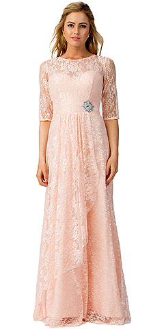 Round Neck Half Sleeves Floral Mesh Long Bridesmaid Dress. sl6337.
