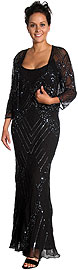 Evening Dress 1040. Two Piece Sequined and Criss-Crossed Dress. Spaghetti strapped long dress with a matching jacket; mid-low back with crossed straps.