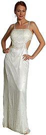 Sequined Formal Dresses item 1055. Thin Strapped Full Length Formal Party Dress. An elegant creation that is see-through on both sides of the waist area; multi-color and silver beadwork scarcely designs this formal dress with an open back.