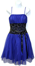 item 13592y. Spaghetti Strap Short Cocktail Dress. Spaghetti short cocktail dress with english net overlay. Ribbon on the side waist.