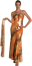 Formal Dresses & Evening Gowns item 13673. V Strapped Foil Printed Formal Dress. Elegant full length dress with v-straps and beaded patch accent on upper bodice; dress made of stretchy foil printed fabric.