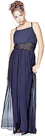 Long Formal Dress with Crossed Back & Beaded Belt 