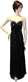 Prom Sample Sale item c27756. Empire Cut Prom Dress with Sash. One of a kind prom dress sample sale. An impressive strapless dress with rectangular silver beads on the empire cut bodice and a sash on the front bodice. The slim cut of the dress gives a very attractive impression. Beautifully beaded prom dress.