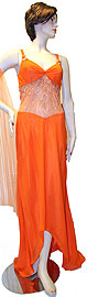 Prom Sample Sale item c27772. Criss-cross Back Prom Dress. English net orange prom dress with elegant sequin beading over english net. Buckled straps. Waist is see-thru.