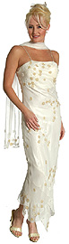 Sequined Formal Dresses item d1008. Formal Dress with Beaded Flower Patterns. Spaghetti strap dress; 100% Pure Silk. Beads in floral pattern; Asymmetric/overlayered hemline. Matching beaded scarf included.