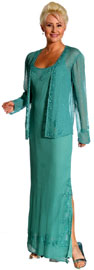 Sequined Formal Dresses item d1028. Formal Beaded Dress with Jacket and Side Slit. 2 piece beaded dress; full length with Jacket. Floral bead design on 100% fully-lined Silk. item d1028.