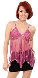Spaghetti Strapped Petal Beaded Translucent Top. kc69.