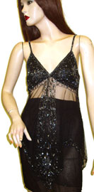 Blouses, Tops, Jackets item kc71-1. Asymmetric Spaghetti Net Top with Floral Beading. Spaghetti strapped English net top of gray pipe beads and sequins in floral pattern.