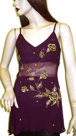 Blouses, Tops, Jackets item kd76-1. Floral Beaded Spaghetti StrappedTop. Spaghetti strapped top with gold floral beading.
