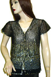 Blouses, Tops, Jackets item kj78-2. Short Sleeved Sequined Net Cape. Short sleeve cape of English net material. Square silver sequins accentuate this piece with black chain stitching design. hooks provided to close cape.