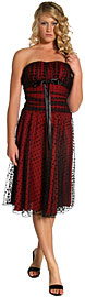 item p072. Tea Length Polka Dot Party Dress. Tea-length strapless polka dot dress with emphasis on bust and shirred waist for a slimmer look. Matching ribbon bow on the bodice. This dress is a slip-on.