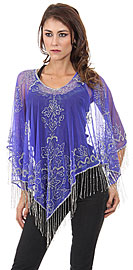 Broad V-Neck Beaded Mesh Poncho with Fringes