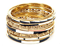 Set of 14 Gold Accented Black/Ivory Bangle Bracelets. pob-04809.