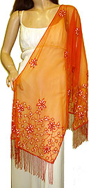 Shawls & Scarves item si-2015-ow. Sequin Beaded Shawl. Straight shawl with floral beadwork. Measurement: 60 x 16.5 inches. 5 inch fringe.