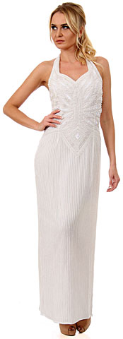Halter V-Neck Leafy Bodice Beaded Long Formal Dress