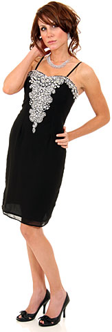 Spaghetti Strapped Bejeweled Straight Cocktail Dress