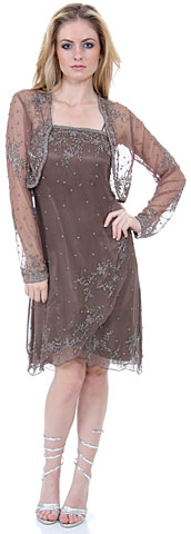 Spaghetti Straps Beaded Formal Dress with Sheer Mesh Jacket