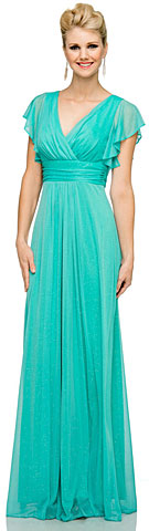 Glittered V-Neck Long Formal Dress with Flutter Sleeves. 11385.