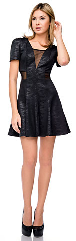 Short Sleeves Mini Party Dress with Mesh at Neck & Waist. 11404.