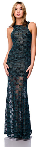 Racer Front Long Metallic Lace Formal Cocktail Dress