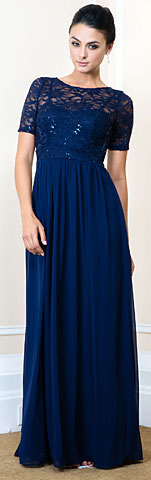 Sequins Lace Bodice Half Sleeves Long Formal Evening Dress.